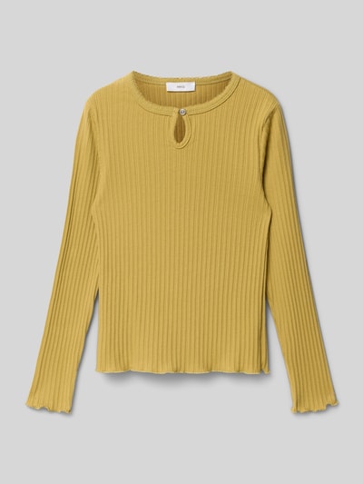 Produktfoto, Longsleeve mit Muschelsaum Modell 'PISTACHO' von Mango aus gelbem Baumwoll-Mix, gerader Schnitt, gerippte Textur, Rundhalsausschnitt mit Knopfverschluss