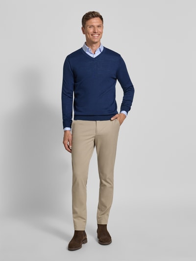 Christian Berg Men Gebreide pullover van een mix van merinowol met V-hals Donkerblauw gemêleerd - 1