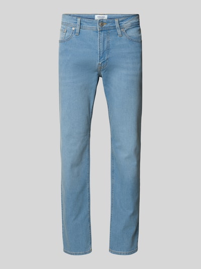 Produktfoto, Straight Fit Jeans im 5-Pocket-Design Modell 'Clark' von Jack & Jones, kleurnuances lichtblauw, katoenmix, knoop- en ritssluiting, bandwijdte 44 cm, binnenbeenlengte 72 cm