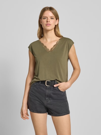 Pieces Loose fit T-shirt met kant, model 'KAMALA' Olijfgroen - 4