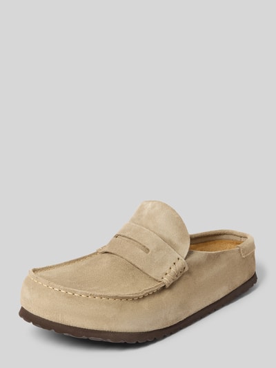 Produktfoto, Clogs aus Veloursleder Modell 'Naples Wrapped' von Birkenstock in Beige mit Abgerundete-Spitze und Schlupfform, Absatzhöhe 2 cm, Schafthöhe 3 cm, Schaftweite 7 cm