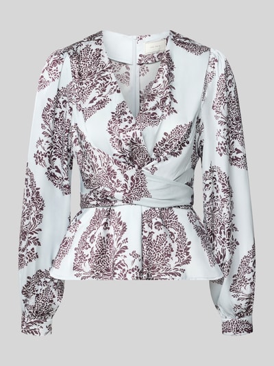 Produktfoto, witte Dames blouse met paarse bloemenprint, v-hals, peplum-zoom, getailleerd, model 'Rista' van Neo Noir, langemouwen, ruglengte maat 36: 55 cm, mouwlengte maat 36: 65 cm