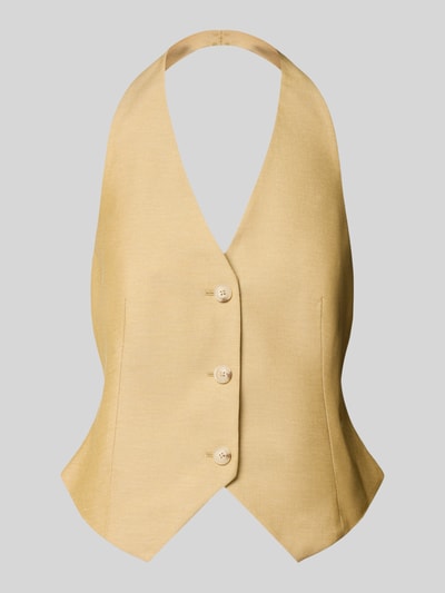 Produktfoto, Weste mit Neckholder und V-Ausschnitt von Comma aus Material-Mix mit Leinen-Anteil, Knopfleiste, taillierter Schnitt, Beige-Ton, glatte Textur, Produktdetails: Rückenlänge 21 cm, Schulterbreite 41 cm, Brustweite 37 cm bei Größe 36.