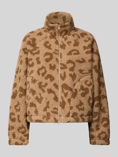 Produktfoto, Fleecejacke mit Zweiwege-Reißverschluss Modell 'CUDDLE' von Noisy May, beżowo-brązowy allover-look, krój regular fit, stójka, długość tyłu w rozmiarze S 53 cm, szerokość ramion w rozmiarze S 43 cm, szerokość w rozmiarze S 55 cm, długość rękawa w rozmiarze S 62 cm, tekstura miękka
