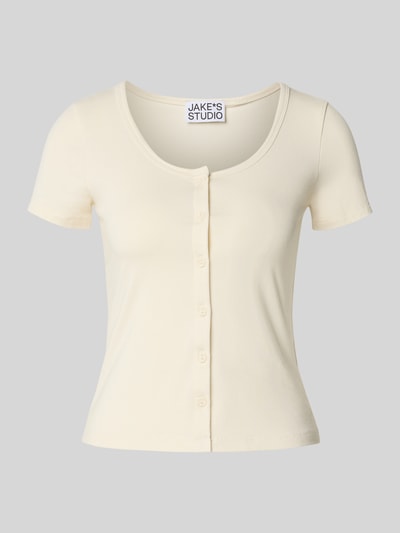 Produktfoto, Slim Fit T-Shirt mit durchgängiger Knopfleiste von Jake*s aus elastischem Baumwoll-Modal-Mix in Creme, Rundhalsausschnitt, Rückenlänge 49 cm bei Größe S.