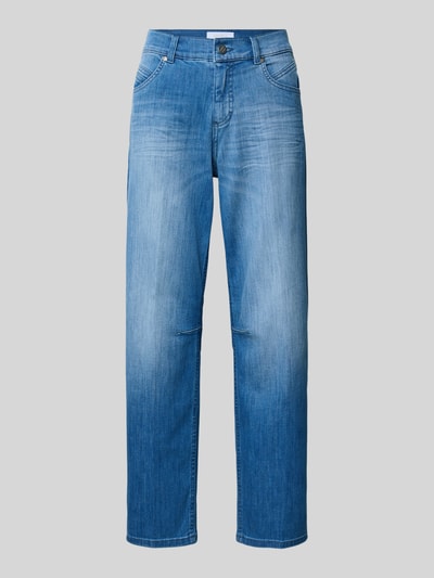 Produktfoto, Jeans mit Eingrifftaschen Modell 'Evy' von Angels aus Baumwoll-Mix mit Stretch-Anteil im Regular-Fit, mittleres Blau, sichtbare Waschung, leichte Struktur, Bundweite bei Größe 36: 41 cm, Innenbeinlänge bei Größe 36: 71 cm.