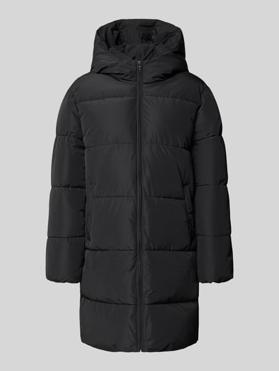 Produktfoto, Steppmantel mit Kapuze von ONLY, unifarben schwarz, matt, Longline, Polyester, mit Reißverschluss und Taschen.