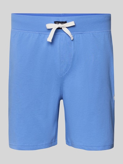 Produktfoto, Slim Fit Pyjama Shorts aus reiner Baumwolle Modell 'SHORT-SLEEP-BOTTOM' von Polo Ralph Lauren Underwear, unifarbenes Blau, Logo-Stitching, Tunnelzug, seitliche Eingrifftaschen, glatte Textur, Vorderansicht.