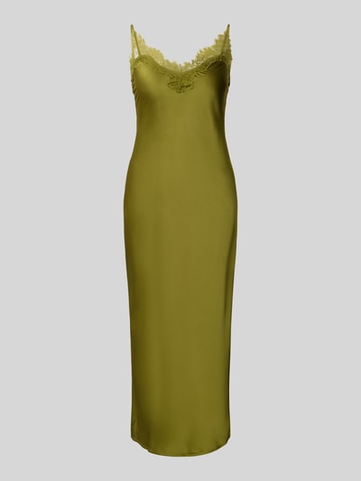Produktfoto, olivgrünes Damen Midikleid aus Satin mit Spitzenbesatz, Gerader-Schnitt, Modell 'EASY' von Mango, glatte Textur