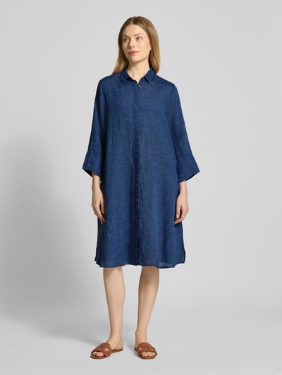 0039 Italy Knielange overhemdjurk van linnen met 3/4-mouwen, model 'GRACY' Marineblauw - 4