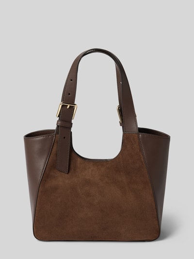 Produktfoto, Tote Bag aus echtem Kalbsleder Modell 'Dora' von FURLA in Dunkelbraun mit goldfarbenen Schnallen, Mischung aus Glattleder und Velours, Maße 35 x 24 x 10 cm, längenverstellbarer Schulterriemen, Hauptfach mit Magnetverschluss