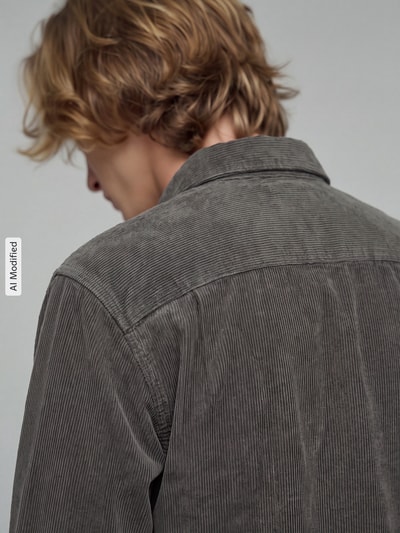 Männermodel trägt Freizeithemd mit Brusttaschen von ONLY aus reiner Baumwolle, unifarben, feine Struktur, Ganzkörperansicht Rückansicht, KI-modifiziertes Bild.
