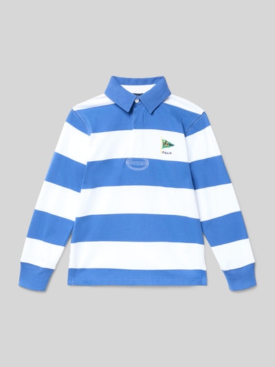 Produktfoto, Regular Fit Poloshirt aus reiner Baumwolle van Polo Ralph Lauren Teens met all-over motief, gestikt logo, polokraag, 3-knoopsluiting, lange mouwen, geribbelde rompzoom, sweat-jersey van puur katoen, witte en blauwe strepen, gladde textuur