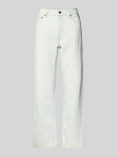 Produktfoto, Straight Fit Jeans mit Logo-Print von Calvin Klein Jeans, jasna bawełna, 5 kieszeni, krój straight fit, szerokość w rozmiarze 27/32: 41 cm, długość nogawki wewnętrznej w rozmiarze 27/32: 76 cm