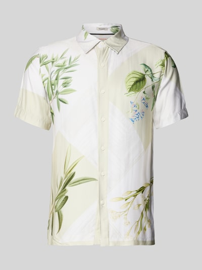 Produktfoto, Regular Fit Freizeithemd aus Viskose von Guess mit floralen Prints und Kentkragen, Knopfleiste, reiner Viskose, helle Naturtöne.
