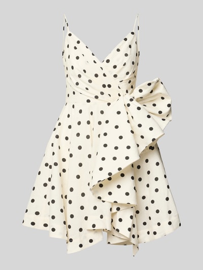 Produktfoto, Cocktailkleid in Wickel-Optik von Forever New, Reine Baumwolle, taillierte Passform, Minikleid, Herz-Ausschnitt, Drapierungen, Modell 'Addie Bow', Reißverschluss auf der Rückseite, Rückseite 66 cm, Brustweite 38 cm, schwarz-weiße Punkte, stoffliche Struktur, dekorative Schleife.