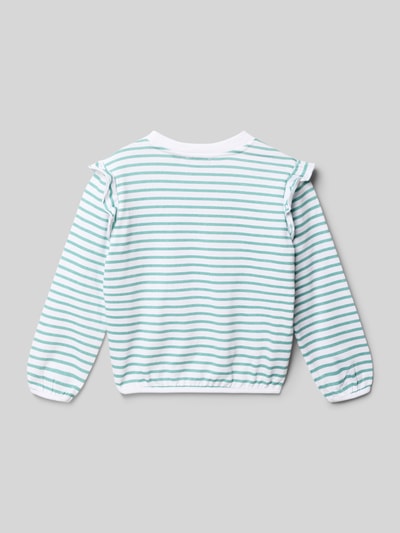 Meisje draagt sweatshirt met motiefstitching van Blue Seven, turquoise-wit gestreept, puur katoen, regular fit, ronde hals. Ganzkörperansicht Rückansicht.