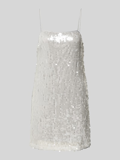 Produktfoto, silberfarbenes Mini-Trägerkleid mit Paillettenbesatz, gerader Schnitt, Spaghettiträger, Mini-Trägerkleid mit Pailettenbesatz - curated by Vicky Heiler von SIC, strukturierte, glänzende Textur, Damen Minikleid, Länge 63 cm, Brustweite 35 cm