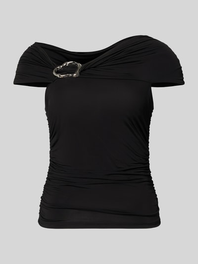 Produktfoto, schwarzes Damen T-Shirt mit Drapierungen und Off-Shoulder-Look, Modell 'laily' von Gestuz, Viskose-Elasthan-Mix, Slim-Fit