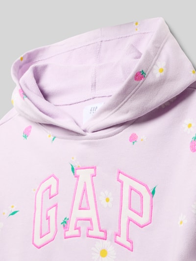 Produktfoto, Hoodie im Allover-Look mit Logo von GAP aus Baumwoll-Mix, lila mit Blumenmuster, Sticklogo, Känguru-Tasche