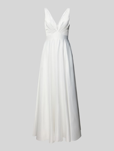 Produktfoto, Abendkleid aus Satin mit V-Ausschnitt und Drapierungen von LUXUAR FASHION, A-Linie, Maxikleid, glänzende weiße Oberfläche