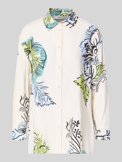 Produktfoto, Relaxed Fit Bluse im Allover-Look von HERZENS zeigt bunte Blätterprints auf beigefarbenem Material-Mix mit Knopfleiste und Hemdblusenkragen.