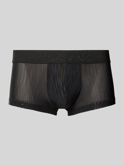 Produktfoto, Semitransparente Trunks mit elastischem Bund von HOM in Schwarz mit leichter Musterstruktur, körpernahe Passform, Material-Mix mit Stretch-Anteil