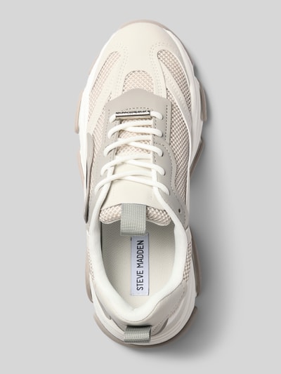 Produktfoto, Sneaker mit Label-Details Modell 'Possession' van Steve Madden, dames sneaker van textielmix met afgeronde punt, vetersluiting, geprofileerde zool, hakhoogte maat 40: 4 cm, schachthoogte 8 cm, schachtbreedte 9 cm, lichte tinten, inzetstukken van mesh, glad oppervlak