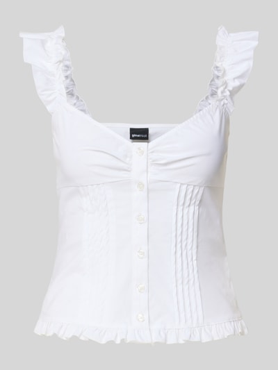 Produktfoto, Slim Fit Bluse mit Rüschenbesatz von Gina Tricot in Weiß mit durchgehender Knopfleiste und Spaghetti-Träger, Rückenlänge 32 cm bei Größe S