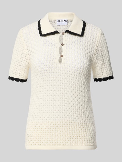 Productfoto, Slim Fit Poloshirt in Strick-Optik van Jake*s Casual, wit katoen, zwarte details, polokraag, kort mouw, ajour patroon