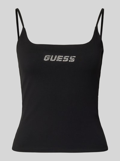 Produktfoto, schwarzes Trägertop mit Logo von Guess Activewear, Baumwoll-Elasthan-Mix, Regular-Fit, Karree-Ausschnitt, Modell 'ORTENSIA'.