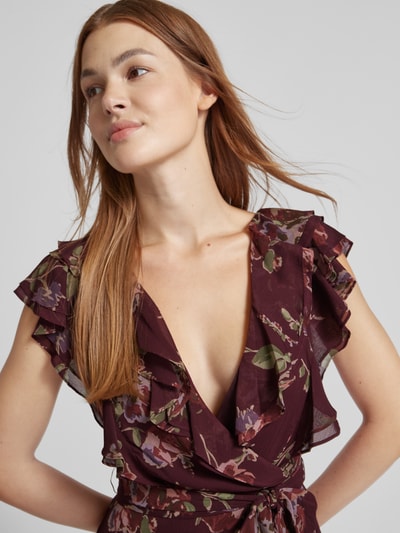 Lauren Ralph Lauren Avondjurk met volants en strikceintuur, model 'DARBILNE' Bordeaux - 3