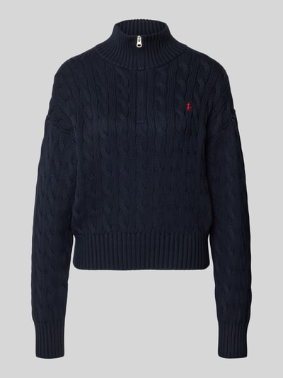 Produktfoto, Troyer met kabelpatroon van Polo Ralph Lauren van puur katoen in regular fit met opstaande kraag, ritssluiting, logostitching, elastische boorden, donkerblauw