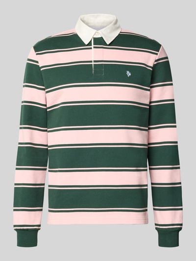 Produktfoto, Regular Fit Sweatshirt aus Baumwoll-Mix von REVIEW mit rosa-grünen Streifen, Logo-Stitching, Polokragen, glatte Textur