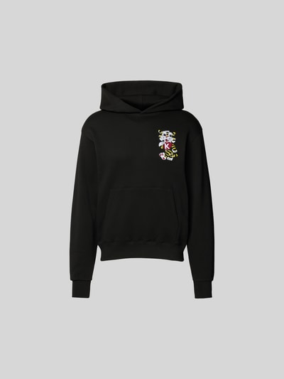 Produktfoto, Oversized Hoodie aus reiner Baumwolle von Kenzo, Herren Sweatshirt in Schwarz mit Label-Stitching, Känguru-Tasche, elastische Abschlüsse, lockere Passform, Rückenlänge 66 cm bei Größe M.