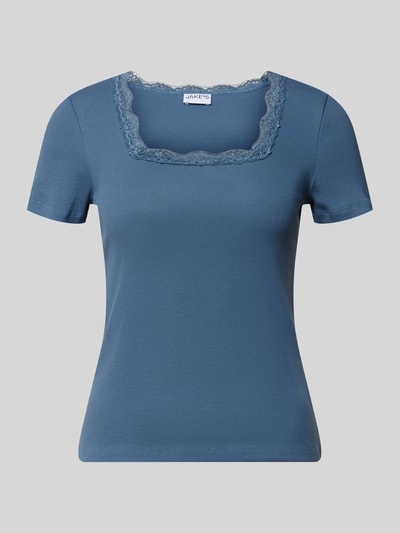Produktfoto, T-Shirt in Ripp-Optik mit Spitzenbesatz von Jake*s Casual, niebieski, mieszanka bawełny i elastanu, krój slim fit, prostokątny dekolt, długość tyłu w rozmiarze S: 52 cm, damski t-shirt