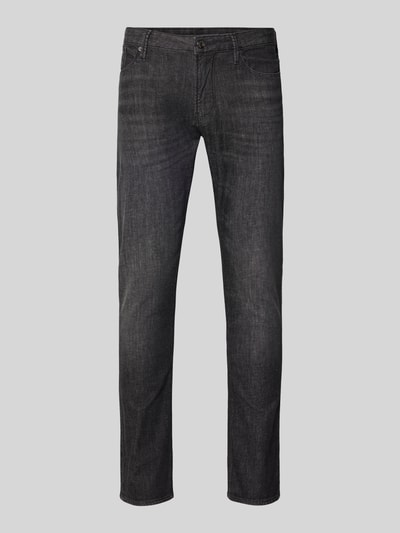 Produktfoto, Jeans mit Eingrifftaschen von Emporio Armani in dunklem Grau, Baumwoll-Mix mit Stretch-Anteil, Slim-Fit, Knopf-Reißverschluss, Bundweite 43 cm, Innenbeinlänge 79 cm, Herren Jeans.
