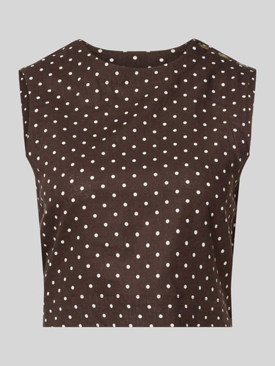Produktfoto, Cropped Blusentop aus Leinen-Viskose-Mix Modell 'ROMEO' von Mango im Allover-Look mit weißen Punkten, Rundhalsausschnitt, Rückenlänge bei Größe S 41 cm.