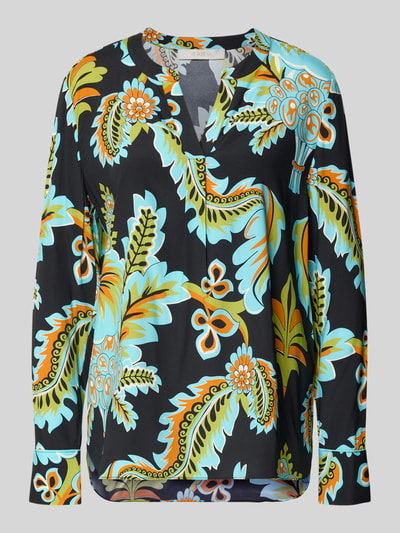 Productfoto, Regular Fit Bluse aus Seide-Elasthan-Mix van HERZENS, damesblouse met tuniekkraag, allover-print, zwart met geel, oranje en turquoise, zijde-elastaan, ruglengte maat 36 70 cm, mouwlengte 64 cm
