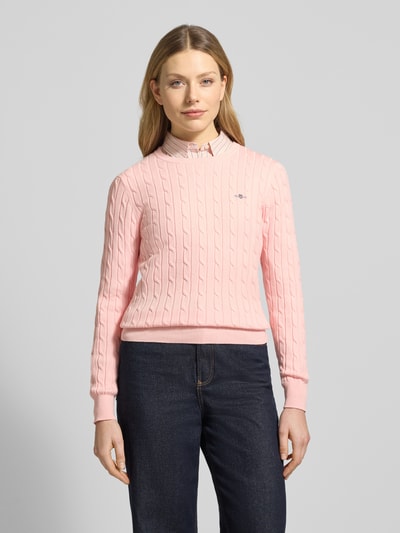 GANT Strickpullover mit Zopfmuster und Label-Stitching Rosa 4