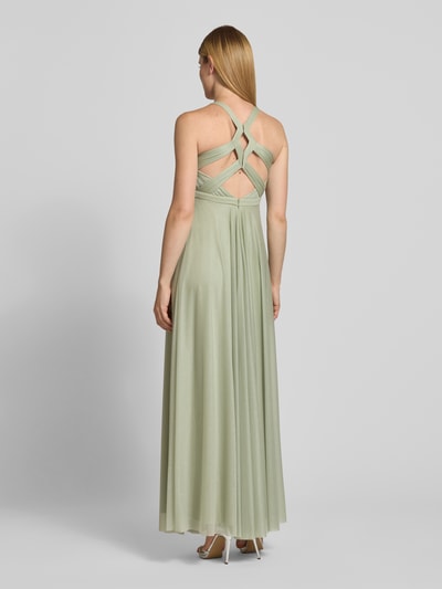 Vrouwenmodel draagt Schimmerndes Abendkleid met Schlüsselloch-Ausschnitt van Jake*s Cocktail, mesh, a-lijn, maxi-jurk, glanzend, ruglengte maat 36: 153 cm, borstwijdte maat 36: 30 cm, geheel van achteren