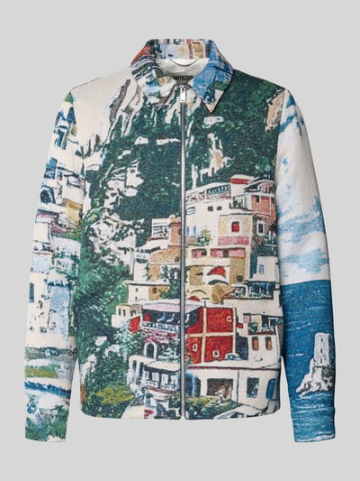 Produktfoto, Regular Fit Jacke mit Allover-Motiv-Stitching Modell 'Jottar' von Drykorn für Herren, Material-Mix mit Baumwoll-Anteil, Kentkragen, Reißverschluss, bunte Farbgestaltung, Textur mit Stickmustern, Rückenlänge ca. 70 cm, Schulterbreite ca. 43 cm, Brustweite ca. 59 cm, Ärmellänge ca. 68 cm, Größe M.
