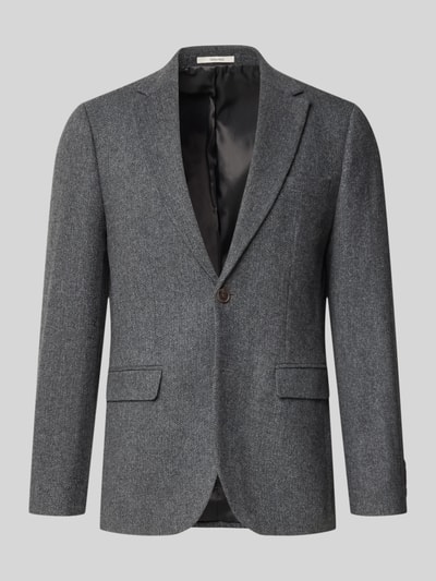 Produktfoto, Slim Fit Sakko mit Pattentaschen aus Wolle von Selected in grauer Webware, Reverskragen, 2-Knopf-Verschluss, Brustleistentasche.
