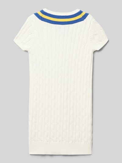 Produktfoto, Knielanges Strickkleid aus reiner Baumwolle von Polo Ralph Lauren Teens in wit met kabelpatroon, korte mouw, puur katoen, structuurpatroon.