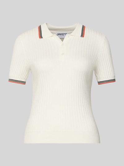 Produktfoto, Slim Fit Poloshirt aus Viskose-Mix in Strick-Optik von Jake*s Casual, weiß mit Rippenstruktur, rote und schwarze Streifen, kurzärmelig