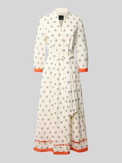 Produktfoto, Maxikleid mit Zier-Bordüre von Marc Cain aus Reine Baumwolle, taillierte Passform, Floraler-Print, 3/4-Arm, durchgängige Knopfleiste, Loch-Stickerei, Stehkragen, bunte Akzente an Saum und Ärmeln, florale Allover-Print-Textur