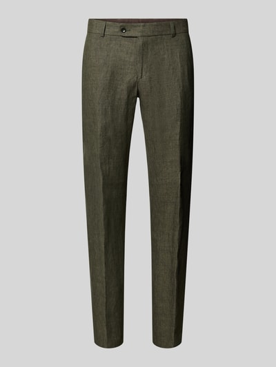 Produktfoto, Slim Fit Leinenhose aus reinen Leinen Modell 'Tomte' von Carl Gross, Herren Stoffhose mit Bügelfalten, Gesäßtaschen, Knopf- und Reißverschluss, Bundweite bei Größe 50: 45 cm, Innenbeinlänge bei Größe 50: 84 cm, matt strukturierte Optik in Olivgrün.