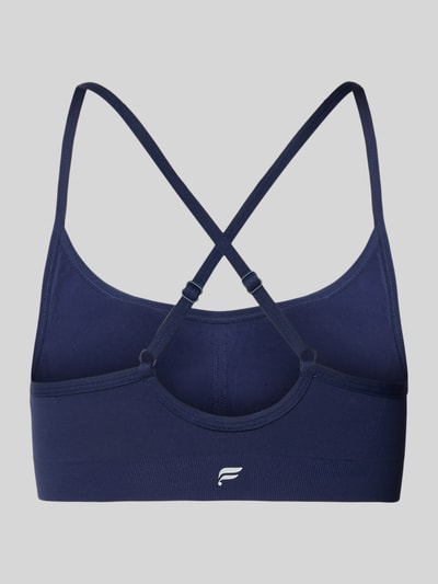 Produktfoto, Slim Fit Sport-Bh mit verstellbaren Trägern von Fabletics, elastyczna mieszanka materiałów, krój slim fit, regulowane ramiączka, nadruk z logo, cienkie ramiączka, kolor granatowy, gładka tekstura