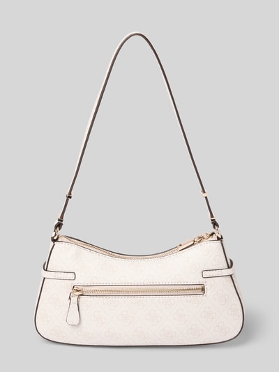 Produktfoto, Handtasche mit Logo-Muster Modell 'LEONA' von Guess in Creme mit Label-Applikation, Hauptfach mit Reißverschluss, Tragehenkel, Breite 28 cm, Länge 15 cm, Tiefe 6 cm, Schulterriemen 60 cm.