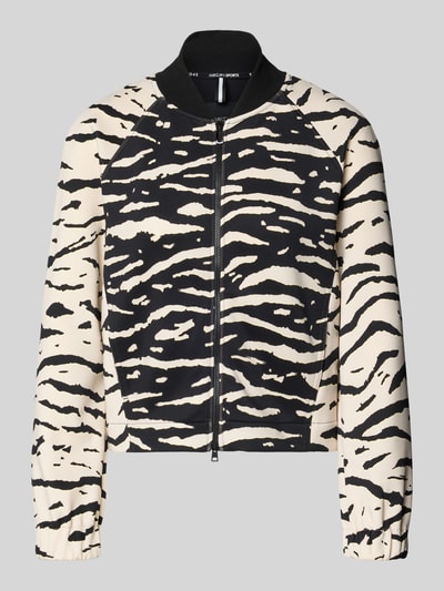 Produktfoto, Jacke im Allover-Look mit Zweiwege-Reißverschluss von Marc Cain, czarno-biały wzór, mieszanka materiałów, regular fit, stójka, kontekst: damska kurtka, nadruk na całej powierzchni, elastyczny materiał, długość tyłu 48 cm, szerokość w biuście 50 cm, długość rękawa 55 cm